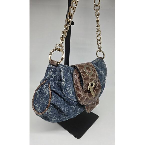 Vintage Y2K Guess Denim Croc Embossed Buckle Bag Gold Chain Vegan Leather Blue - Picture 4 of 16
